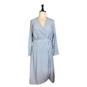 Time & Tru Wrap Dress Midi Long Sleeves Blue Cream Stripe Women’s Size XXL - 20